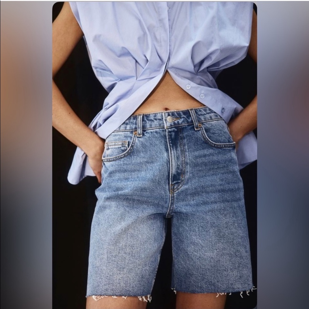 H&M Longline Jean Bermuda Shorts Distressed Denim Modest Boho Nautical Coastal 8